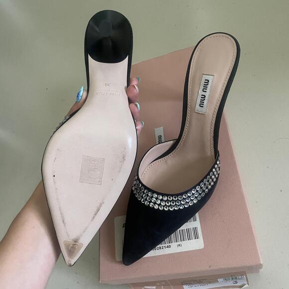 Miu Miu Crystal-Embellished Suede Heeled Mules Black 39 US 9 - Picture 8 of 11